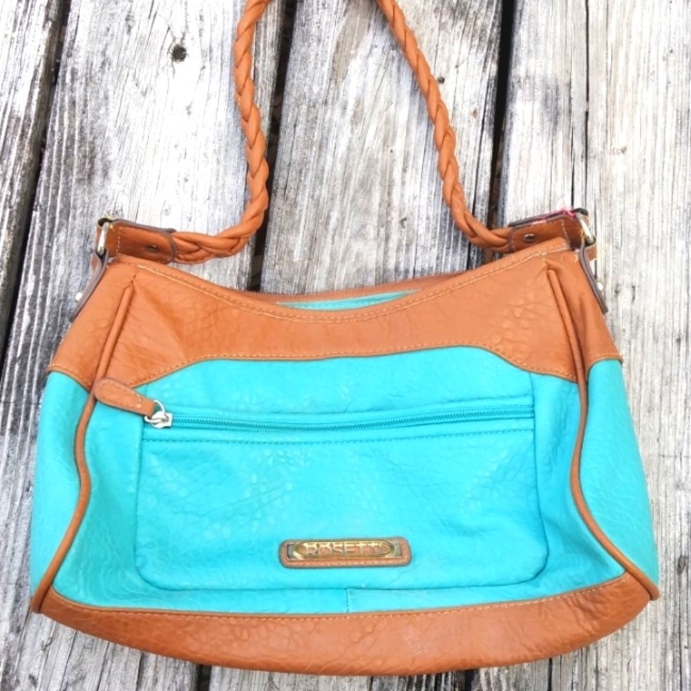 Rossetti Pleather Purse Teal and Tan with braided strap
